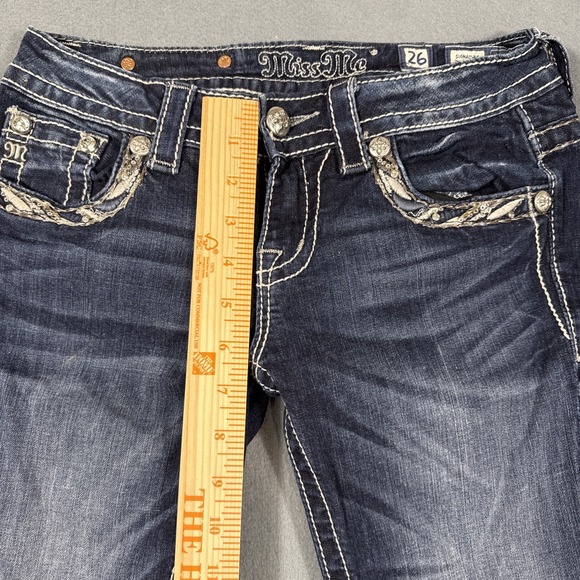 Miss Me Jeans Womens 26 Blue Sig Boot EMBELISHED Rhinestone Pocket WHISKERING - Picture 6 of 9